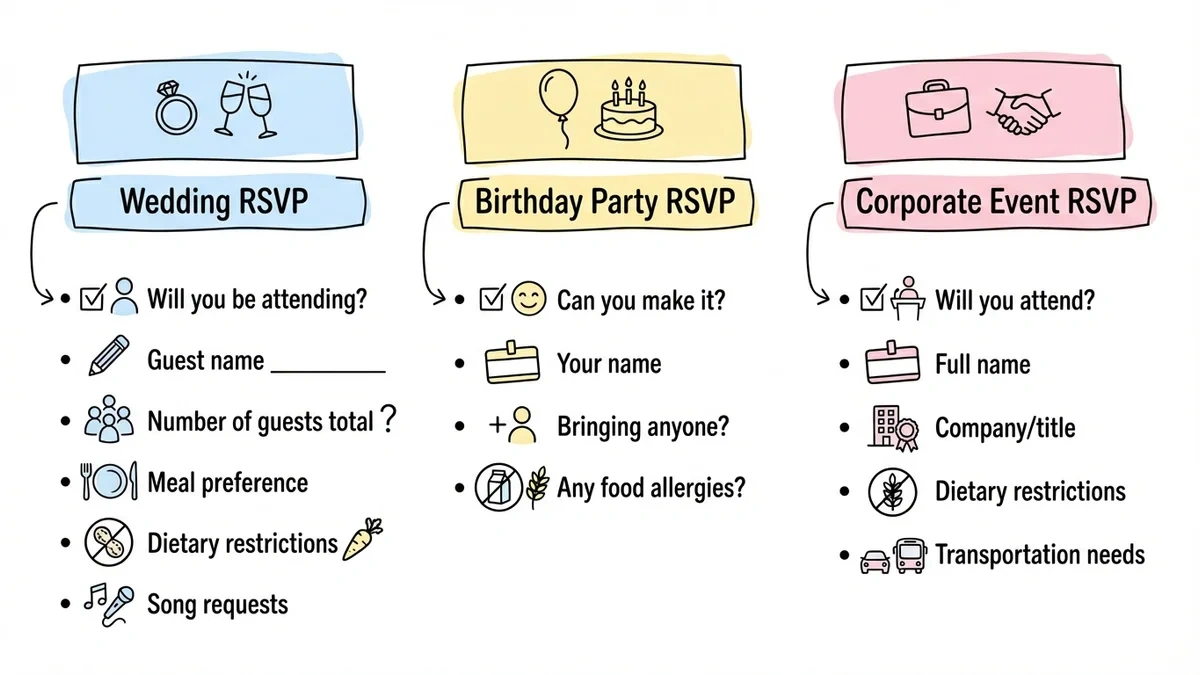 Three RSVP form templates comparing wedding, birthday, and corporate event structures