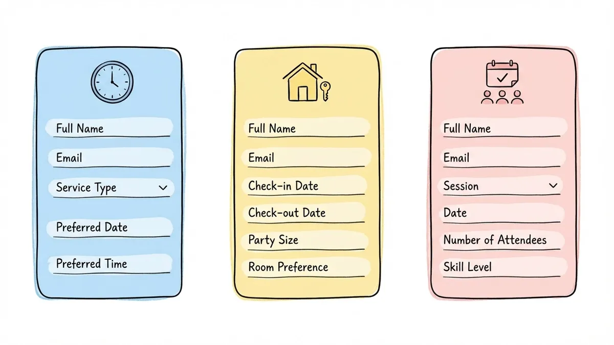 Three booking form types side by side showing different field configurations for appointments, reservations, and class signups