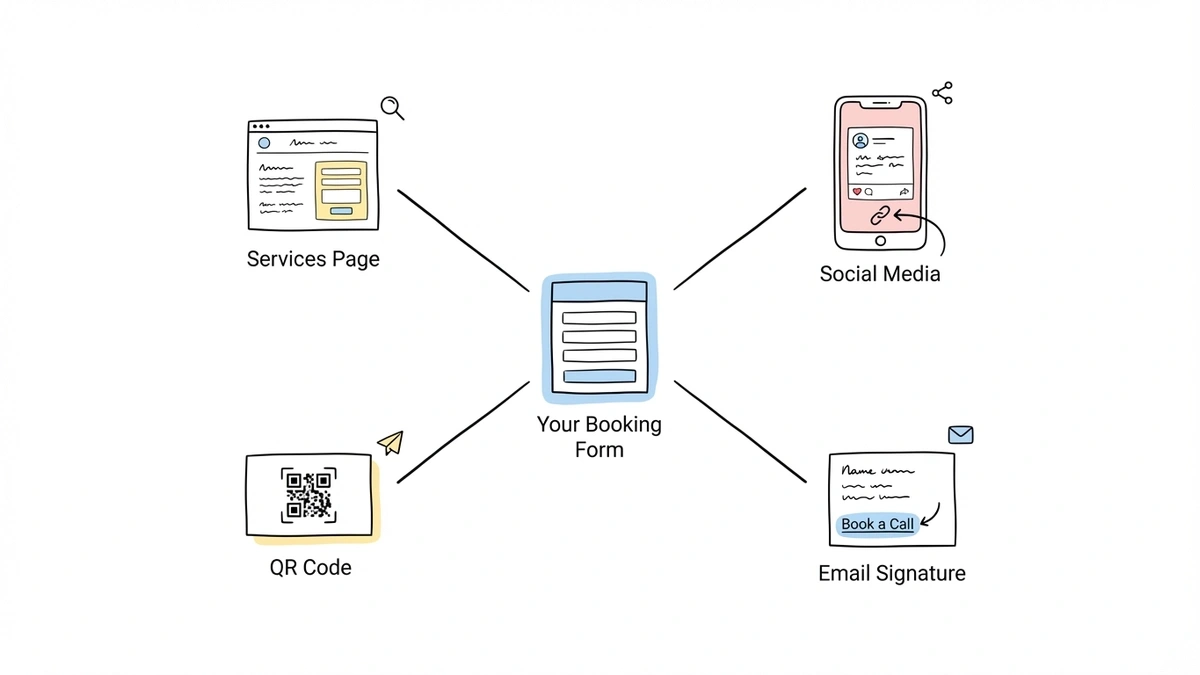 Booking form shared through a services page, social media, a QR code, and an email signature