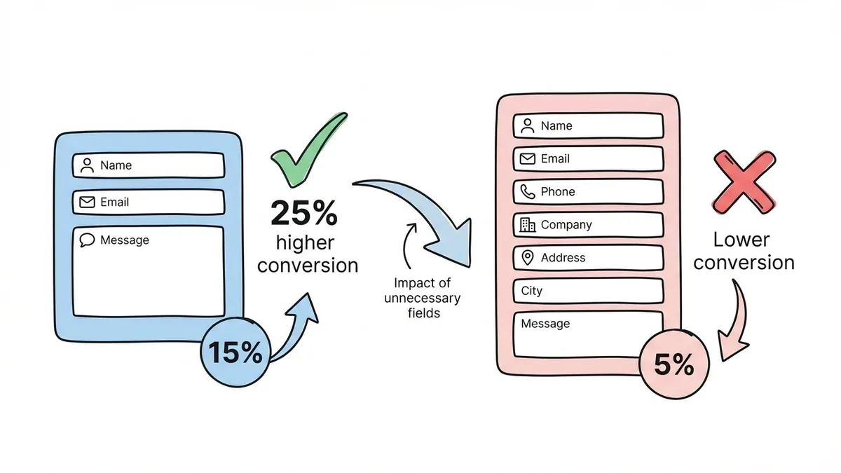 Contact form field comparison showing 3-field vs 7-field conversion rates