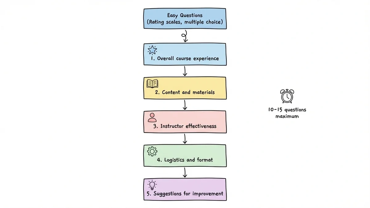 Course evaluation form structure flowchart showing question progression from easy to complex