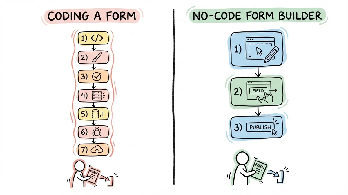 Side-by-side comparison of 7-step coding workflow versus 3-step no-code form building