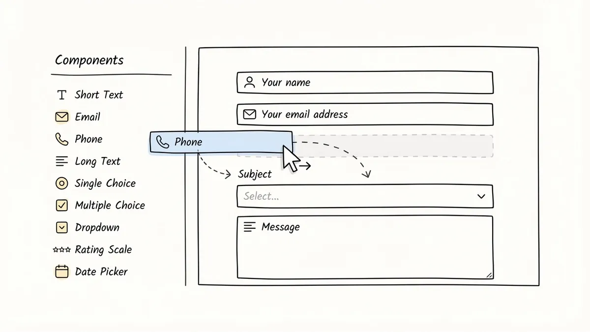 Drag and drop form editor canvas with labeled field types being arranged