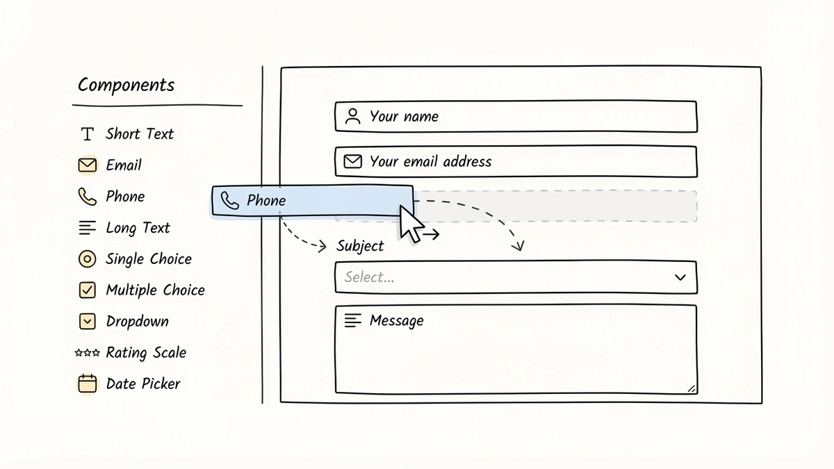Drag and drop form editor canvas with labeled field types being arranged