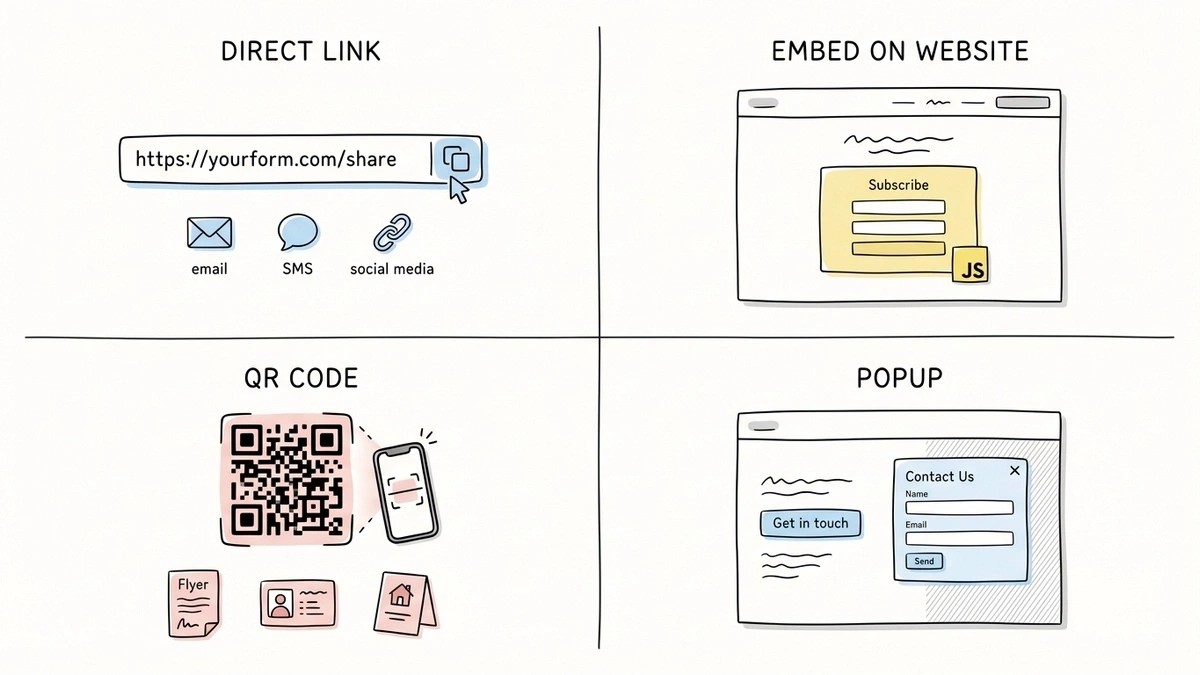 Four sharing methods for a published form: link, embed code, QR code, and popup