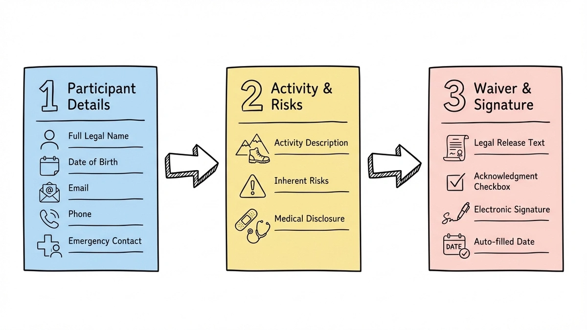 Three-page waiver form structure showing participant details, risks, and signature
