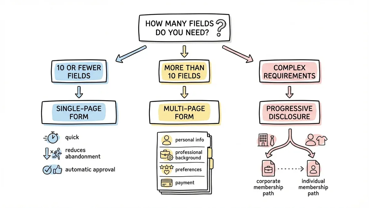 Flowchart showing three membership form structure options and decision criteria
