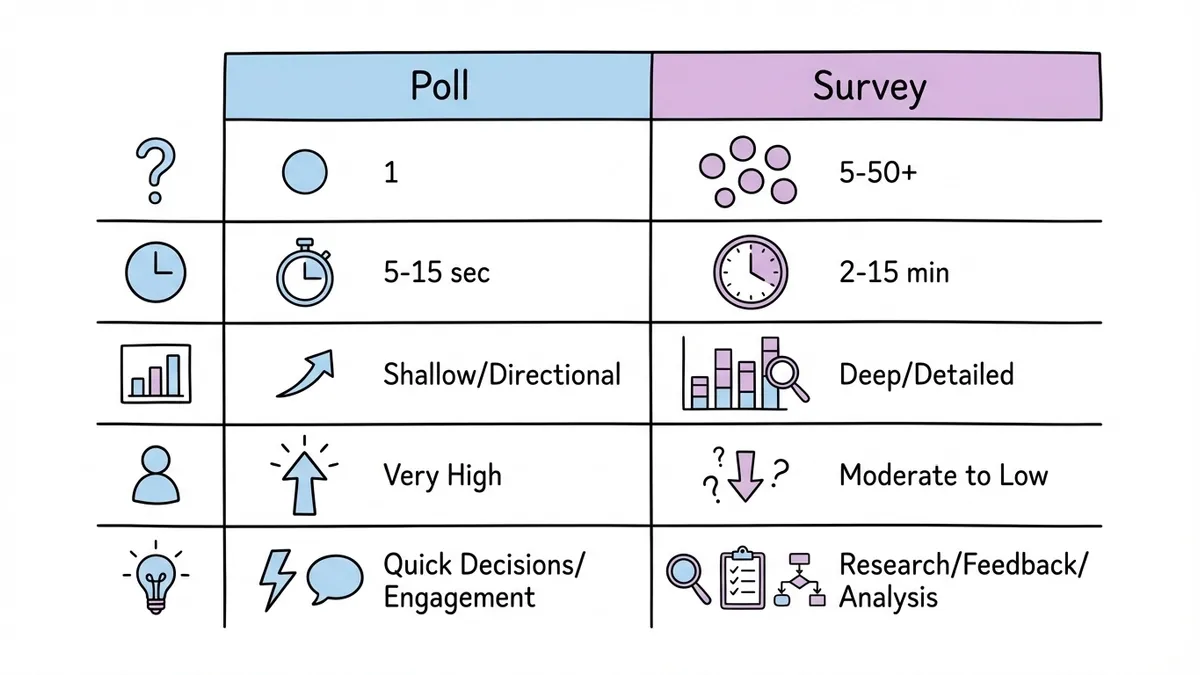 Polls vs surveys comparison across key dimensions like question count, time, and data depth