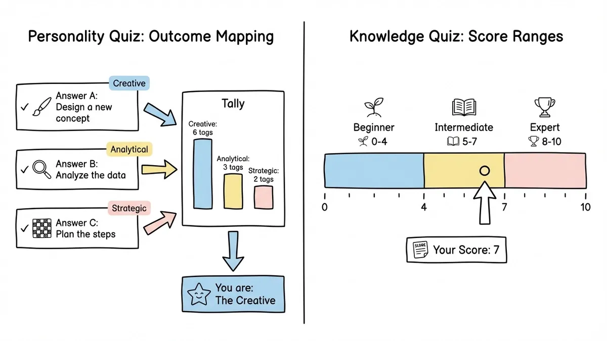 Diagram showing personality quiz outcome mapping versus knowledge quiz scoring