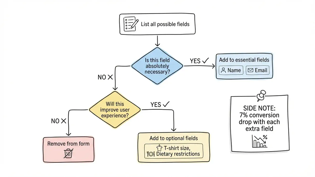 Registration form field planning flowchart with decision points