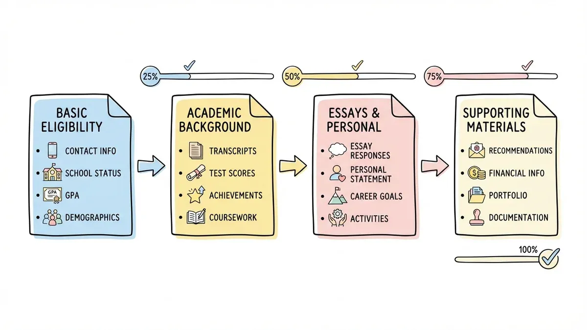 Multi-page scholarship application form structure with four progressive sections
