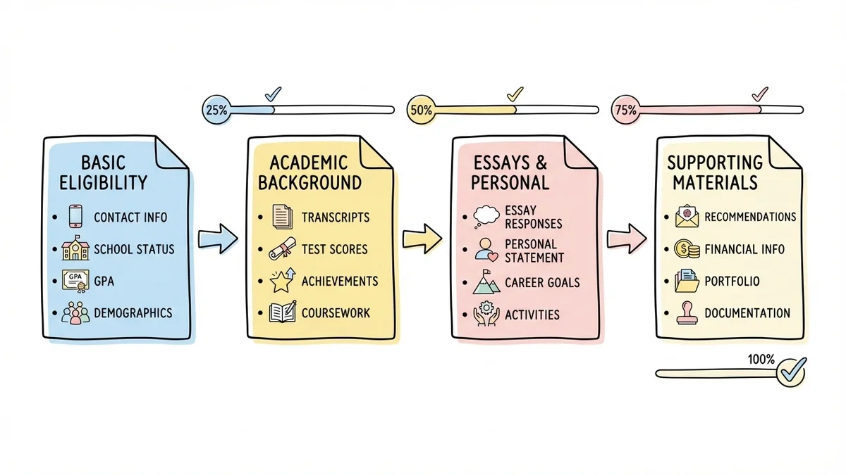 Multi-page scholarship application form structure with four progressive sections