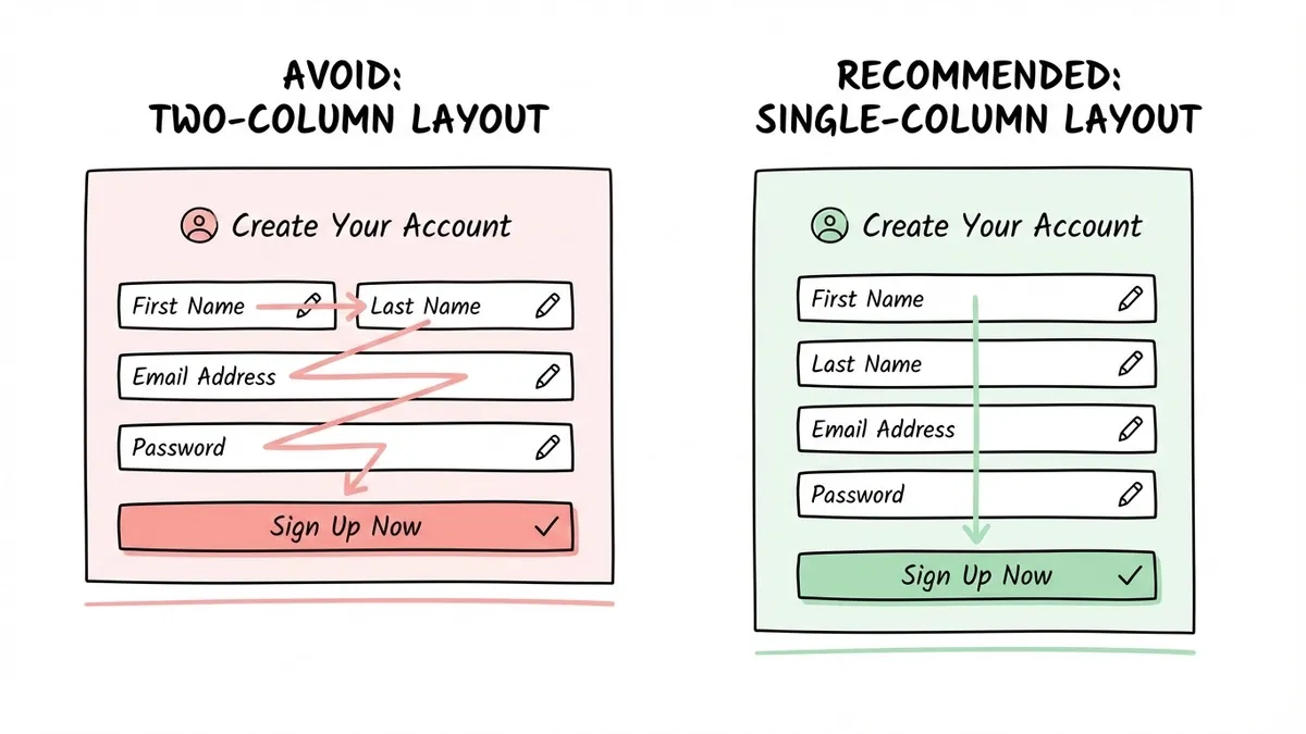 Single-column signup form layout versus two-column layout side by side