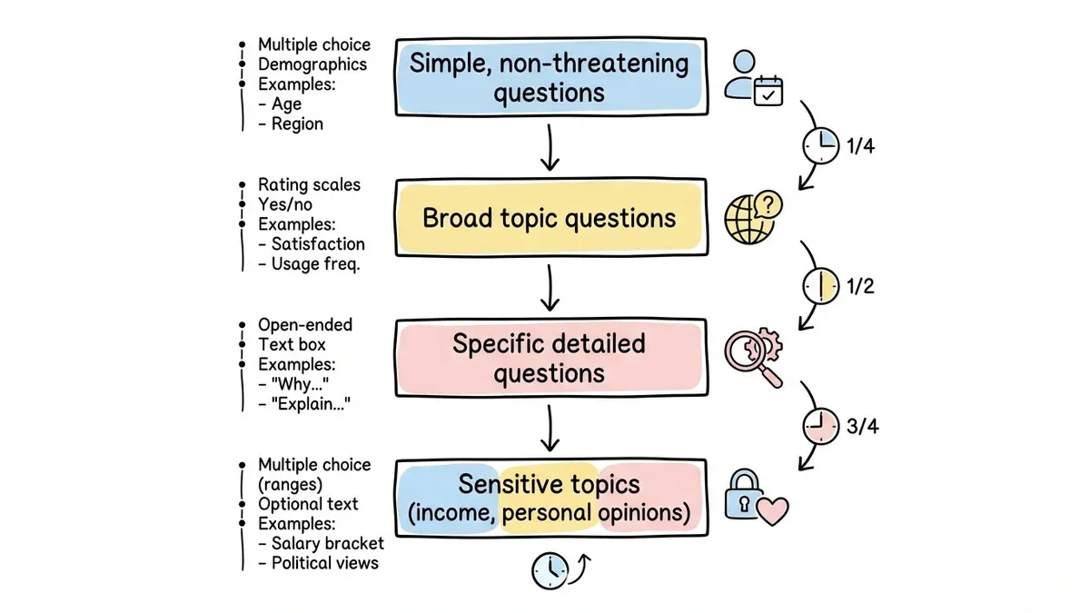 Survey question flow diagram showing progression from broad to specific