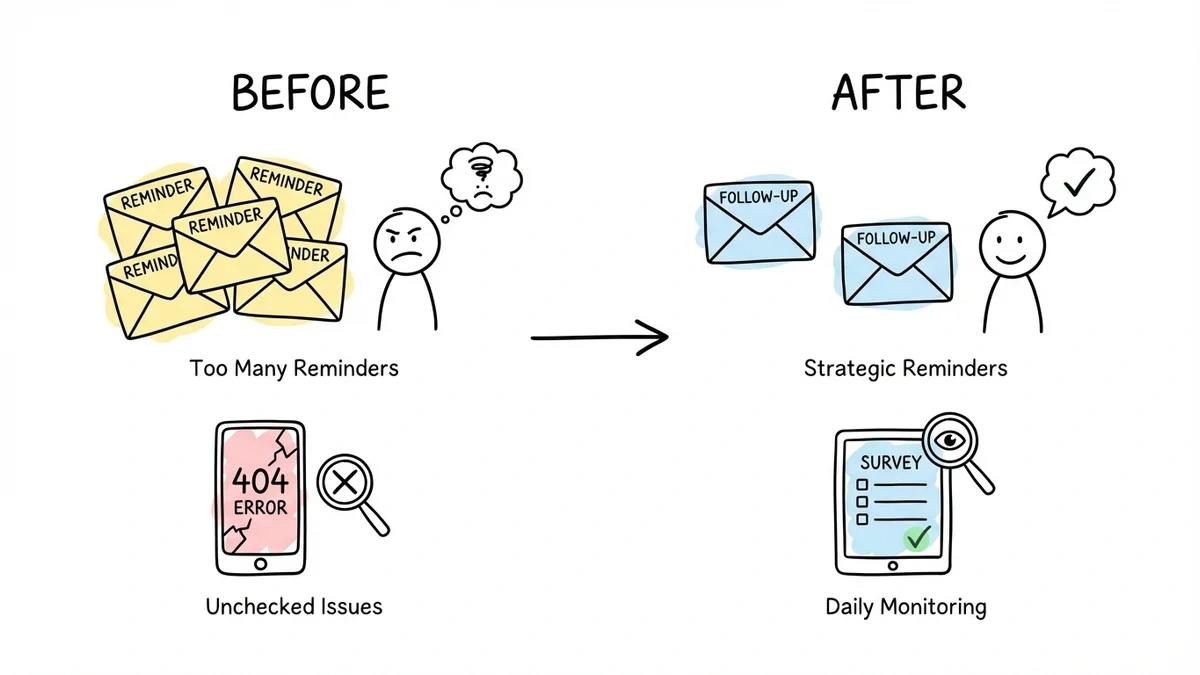 Survey launch comparison: repeated reminders and unchecked issues versus strategic reminders and daily monitoring