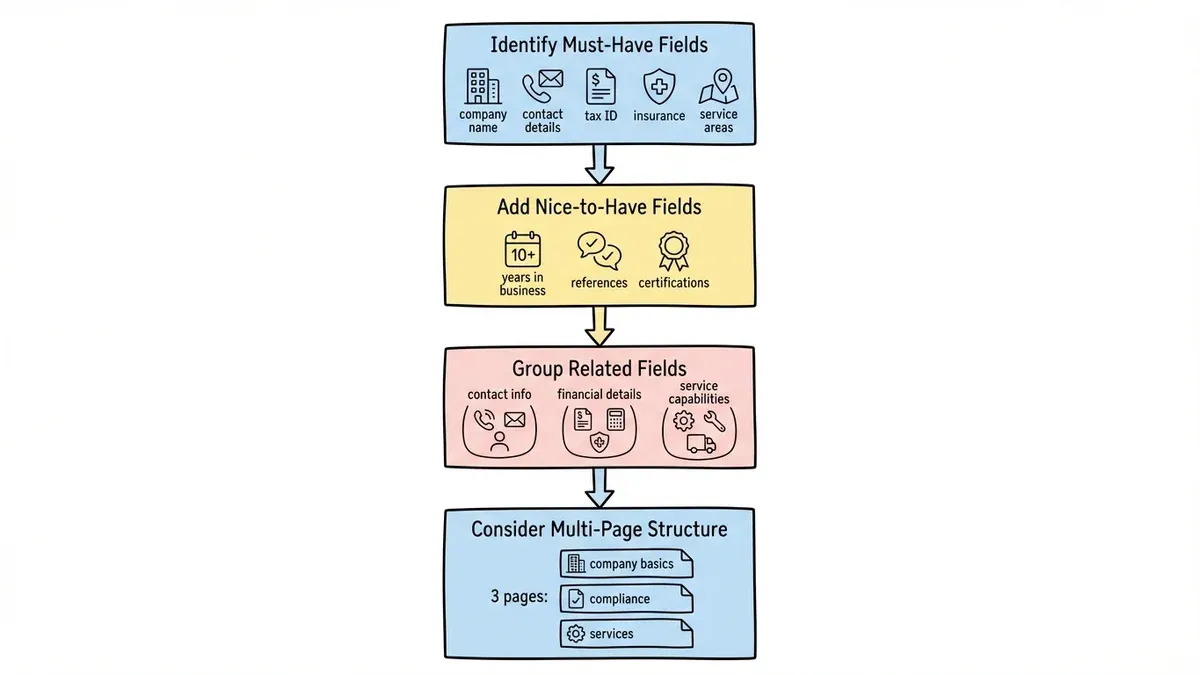 Flowchart showing vendor registration form planning process from must-have fields to multi-page structure