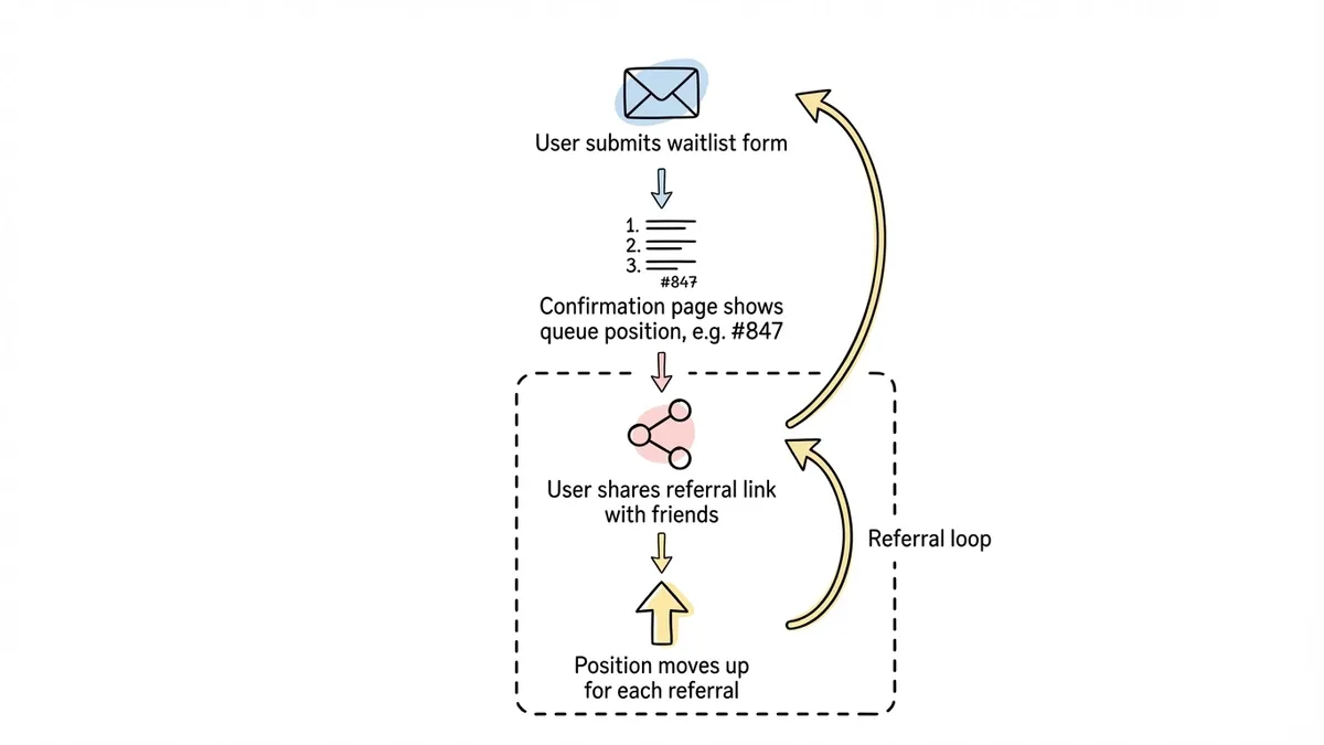 Referral waitlist flow showing signup position and friend invite mechanic