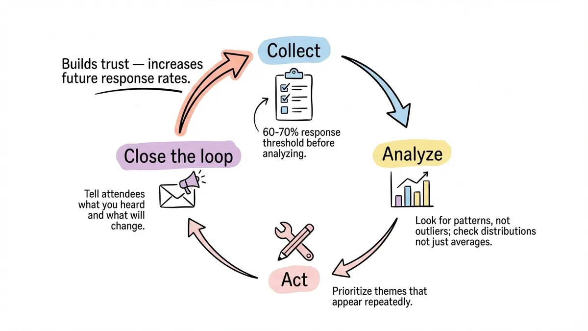 Feedback loop diagram showing collection, analysis, action, and attendee communication