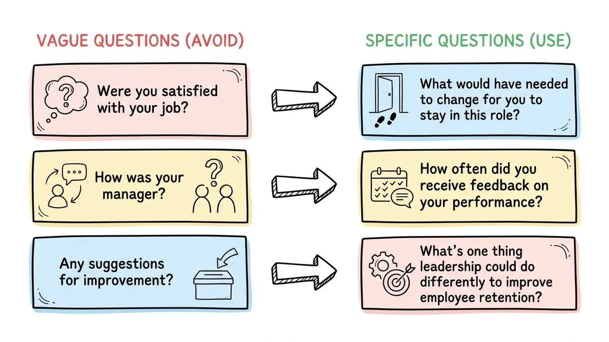 Before and after comparison of vague versus specific exit interview questions
