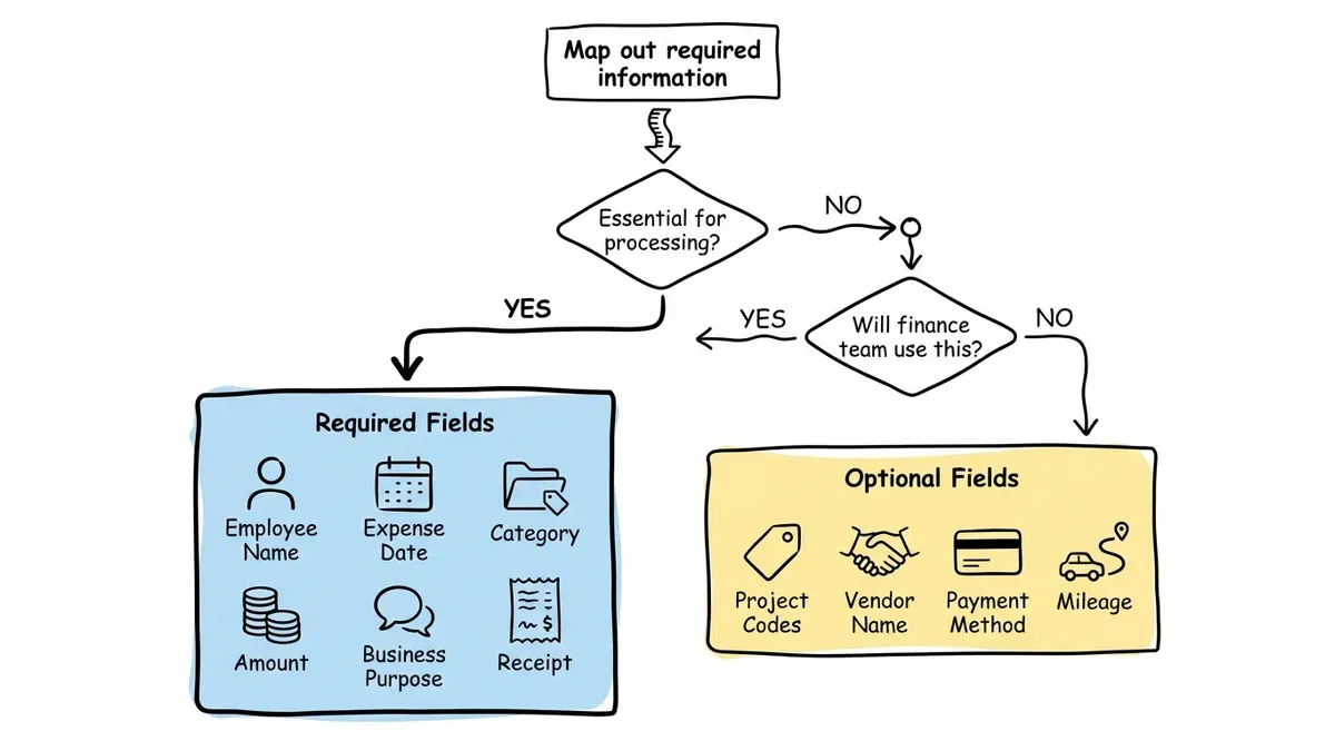 Flowchart showing expense report form planning process with essential vs optional fields