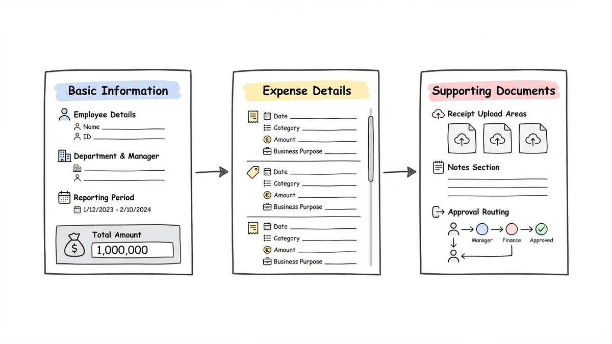 Three-page expense report form layout showing information flow and field organization