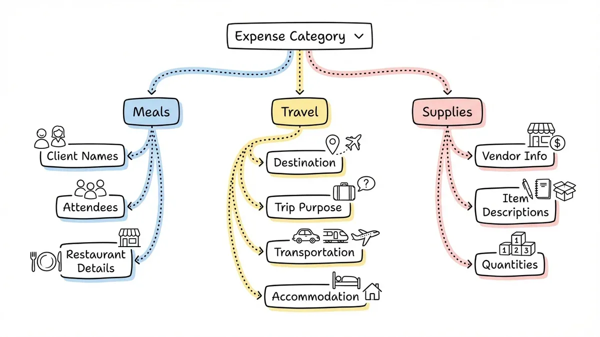 Conditional logic diagram showing different fields appearing based on expense category selection