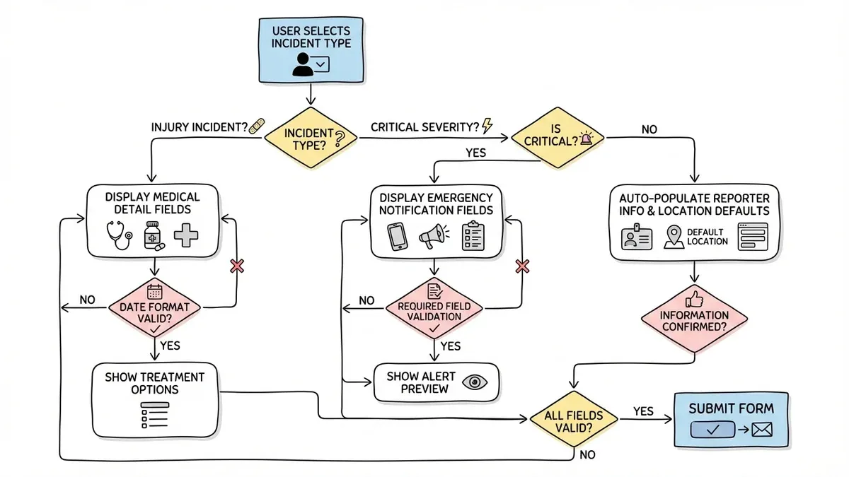 Form validation workflow showing smart defaults and progressive disclosure