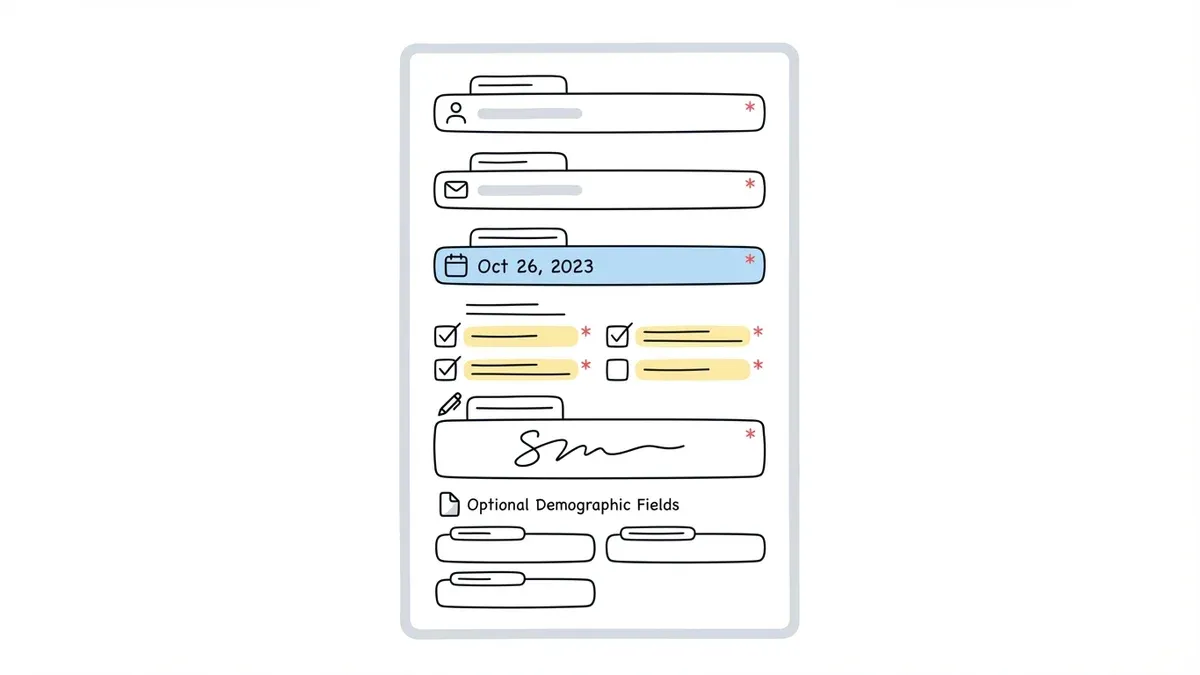 Essential consent form fields layout with required and optional sections