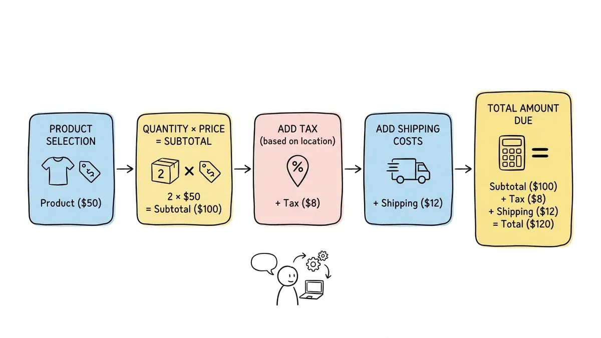 Order form calculation flow from product selection to final total