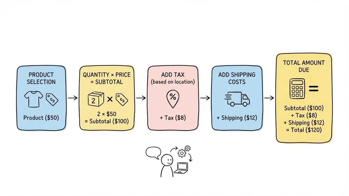 Order form calculation flow from product selection to final total