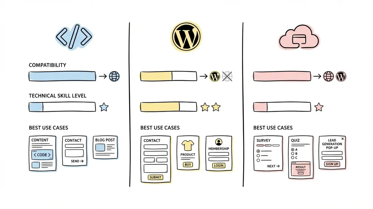 Comparison chart of three form embedding methods with features