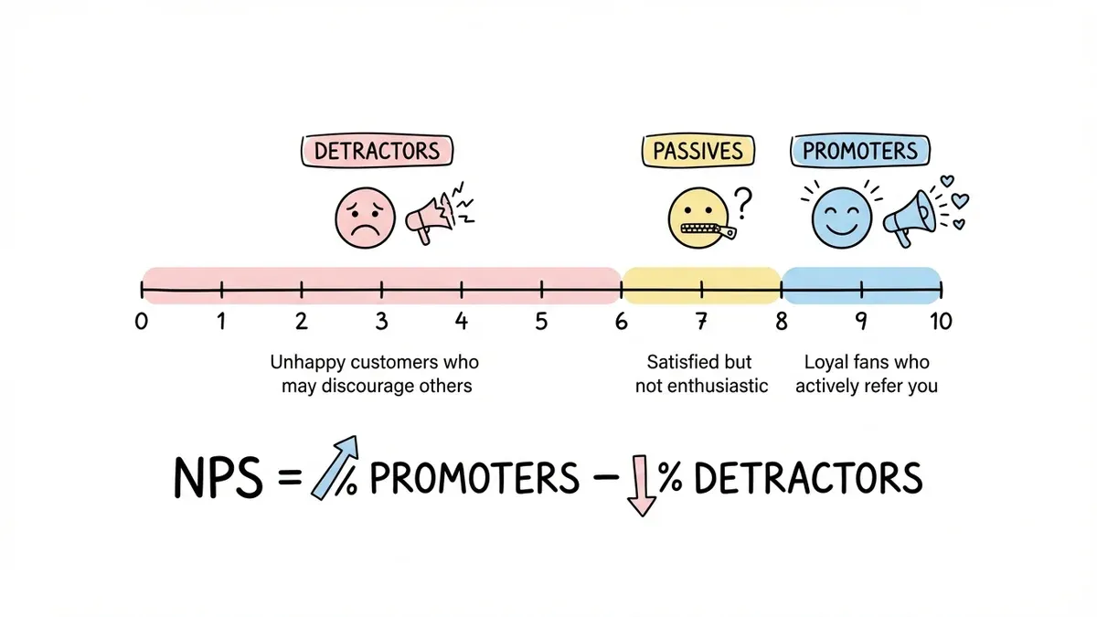 NPS scoring diagram showing 0-10 scale with promoter, passive, and detractor ranges