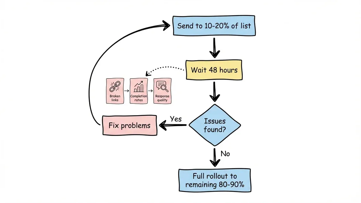 Flowchart showing soft launch process from 10-20% test to full rollout