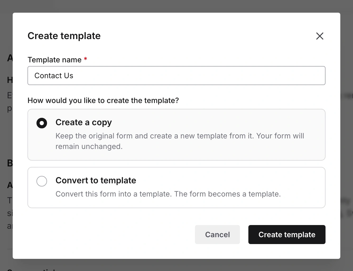 Fomr Create template dialog with a template name and options to create a copy or convert the form to a template