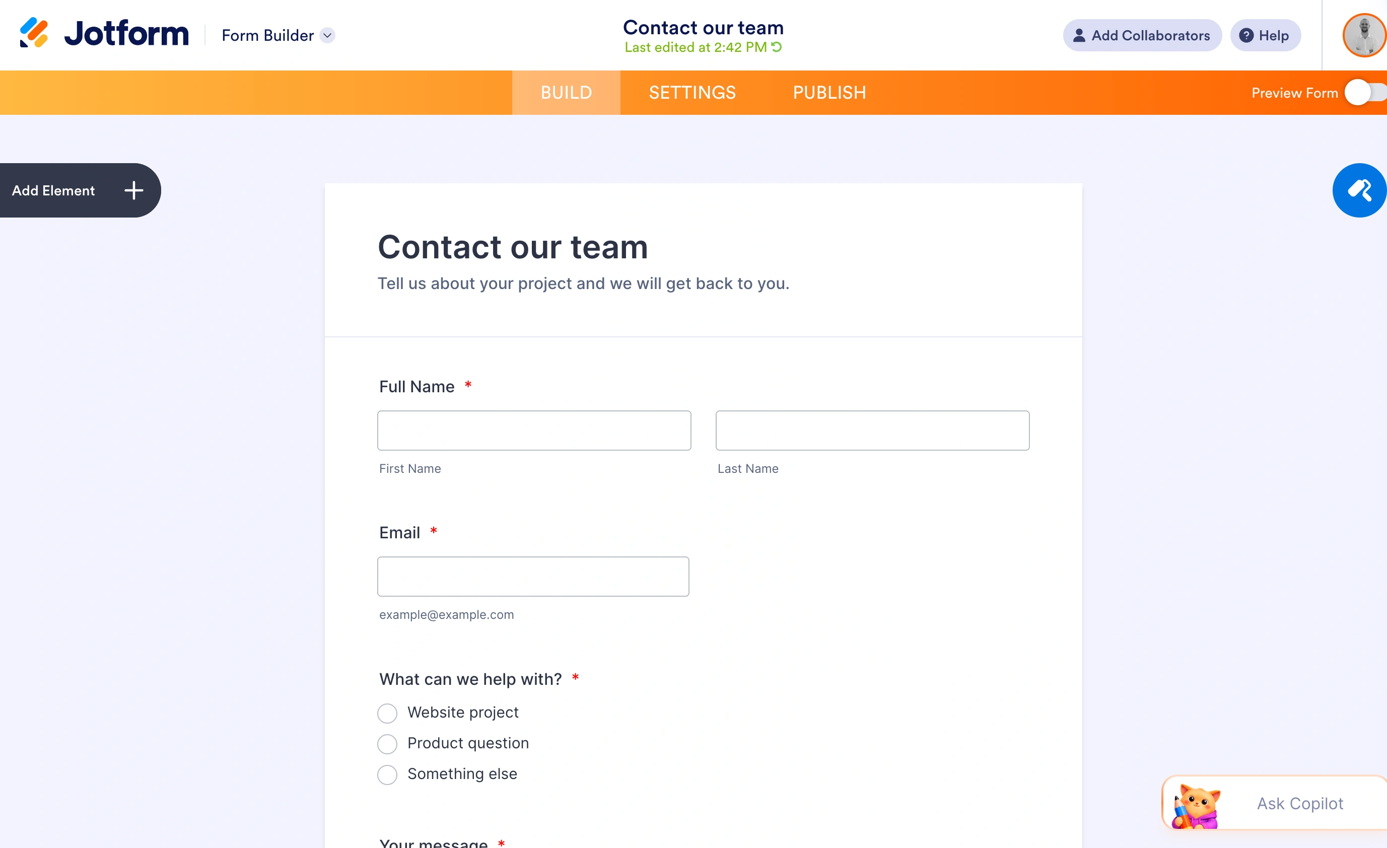 Jotform editor showing the sample form