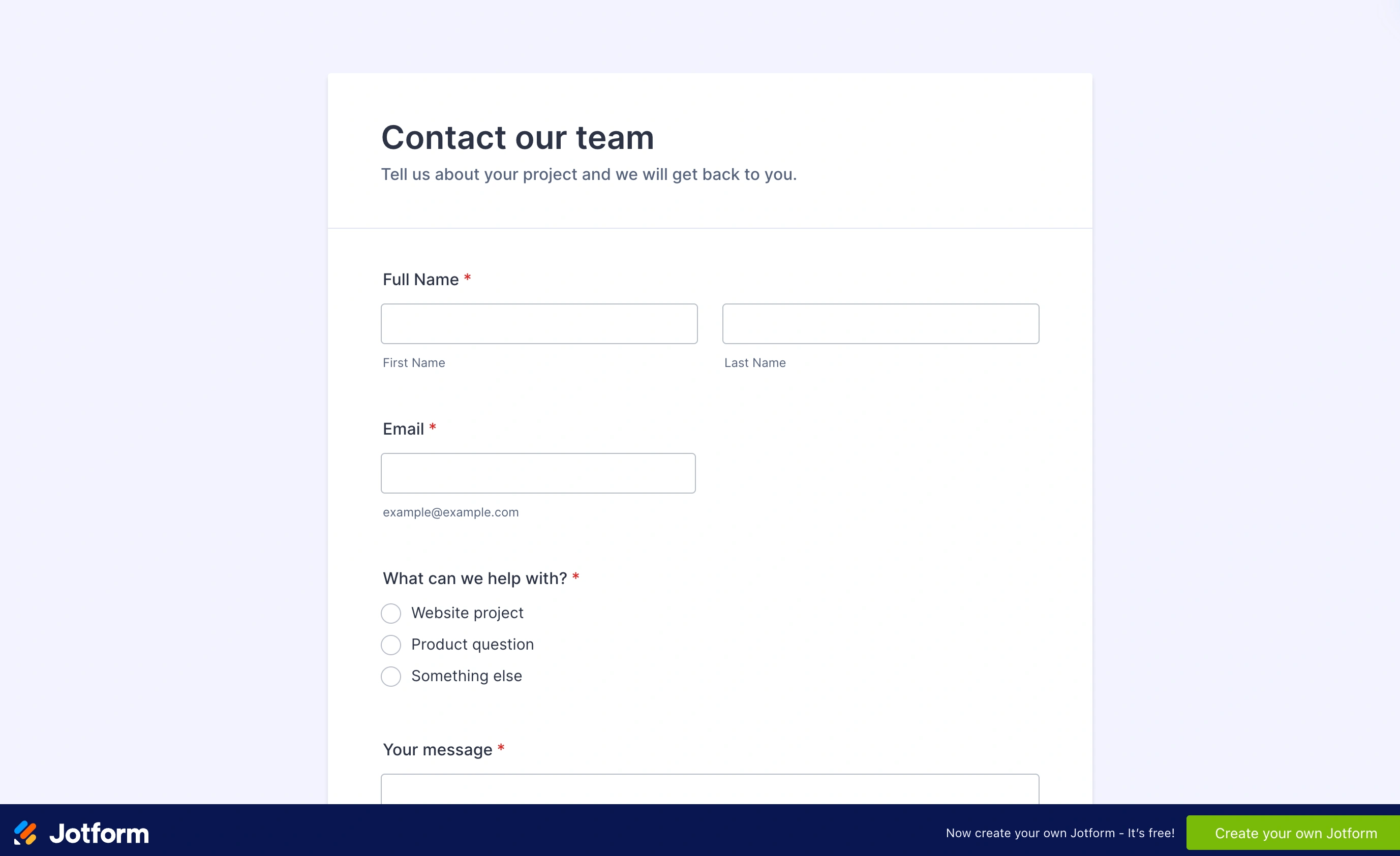 Respondent view of the sample form built with Jotform