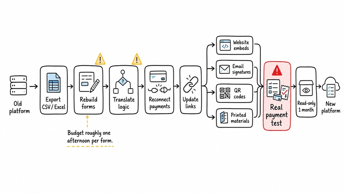 Form-platform migration workflow with links and payment checks