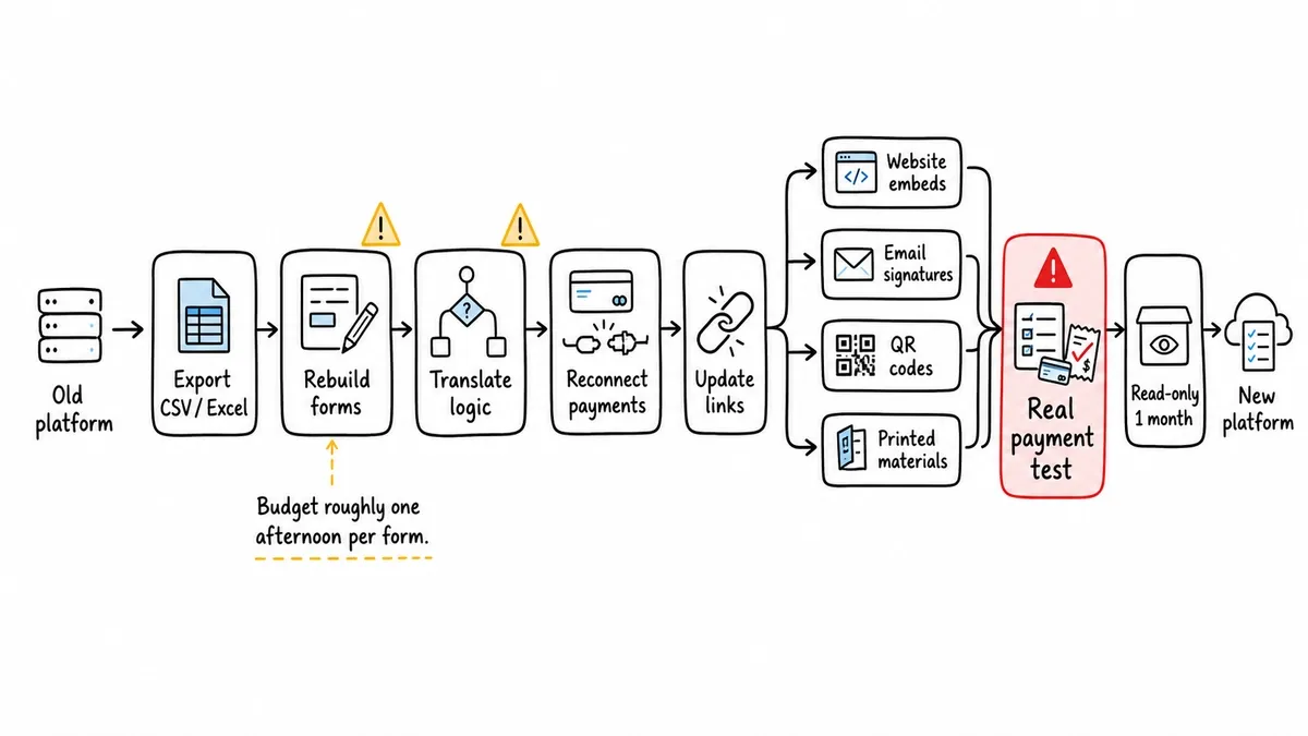 Form-platform migration workflow with links and payment checks