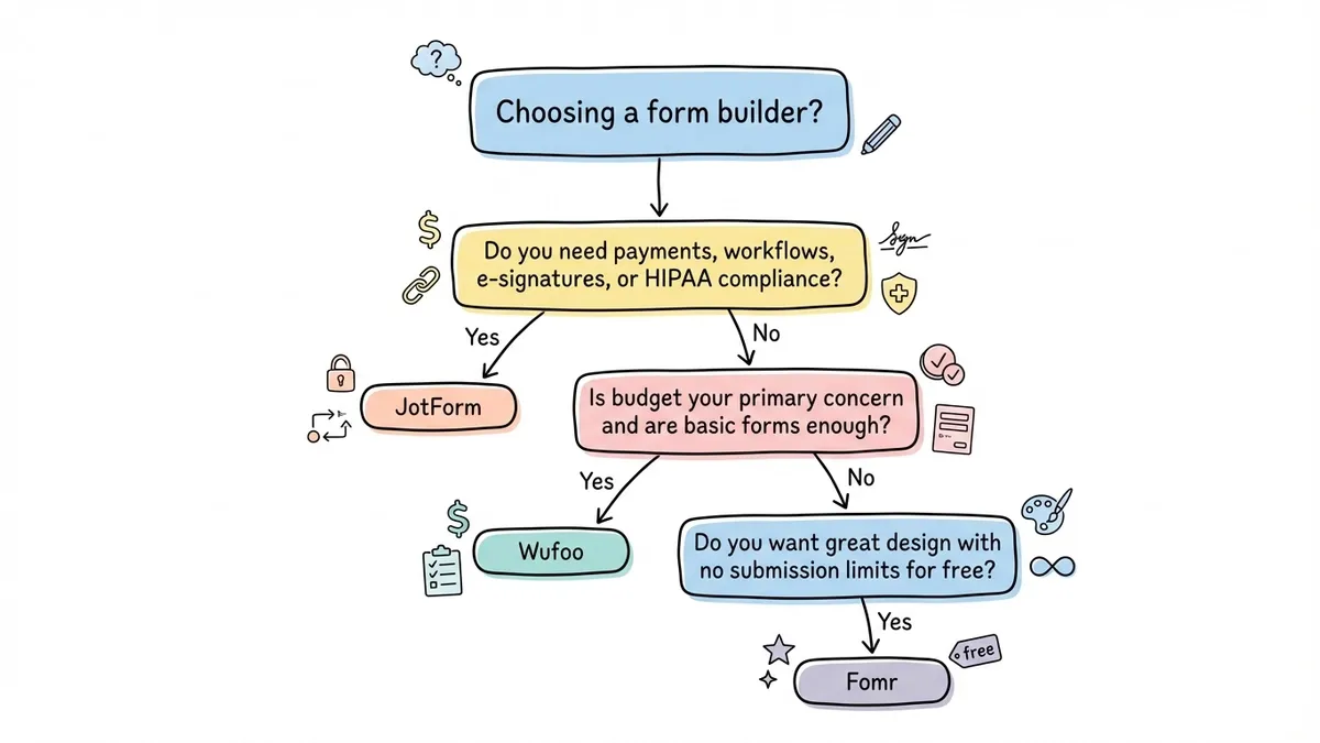 Decision flowchart guiding users to choose JotForm, Wufoo, or an alternative
