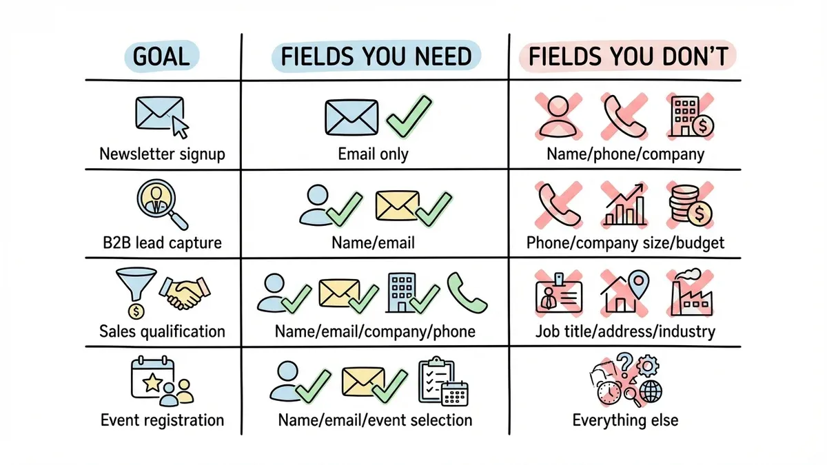 Table showing optimal form fields for different lead generation goals