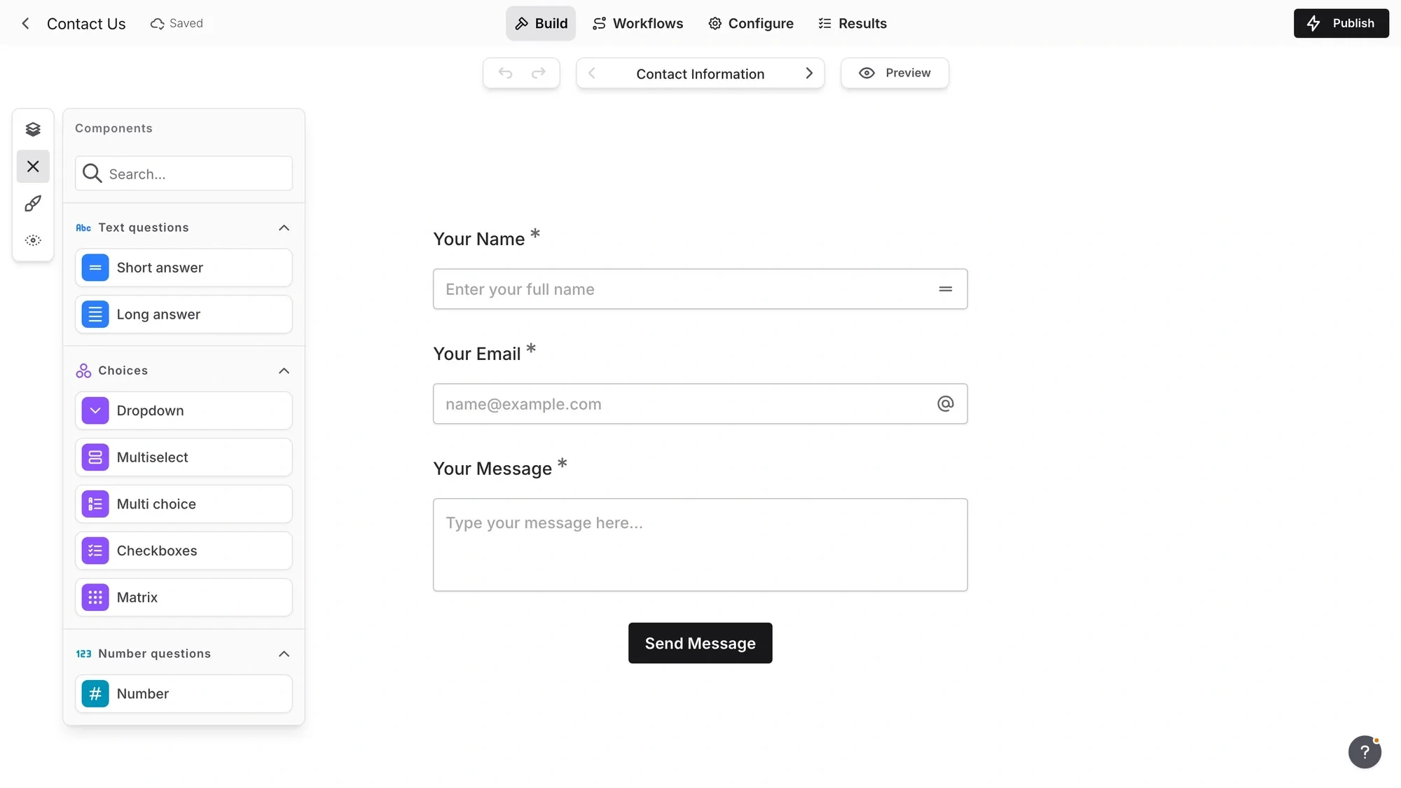 The new full-screen Fomr editor with the floating Components panel open over a contact form