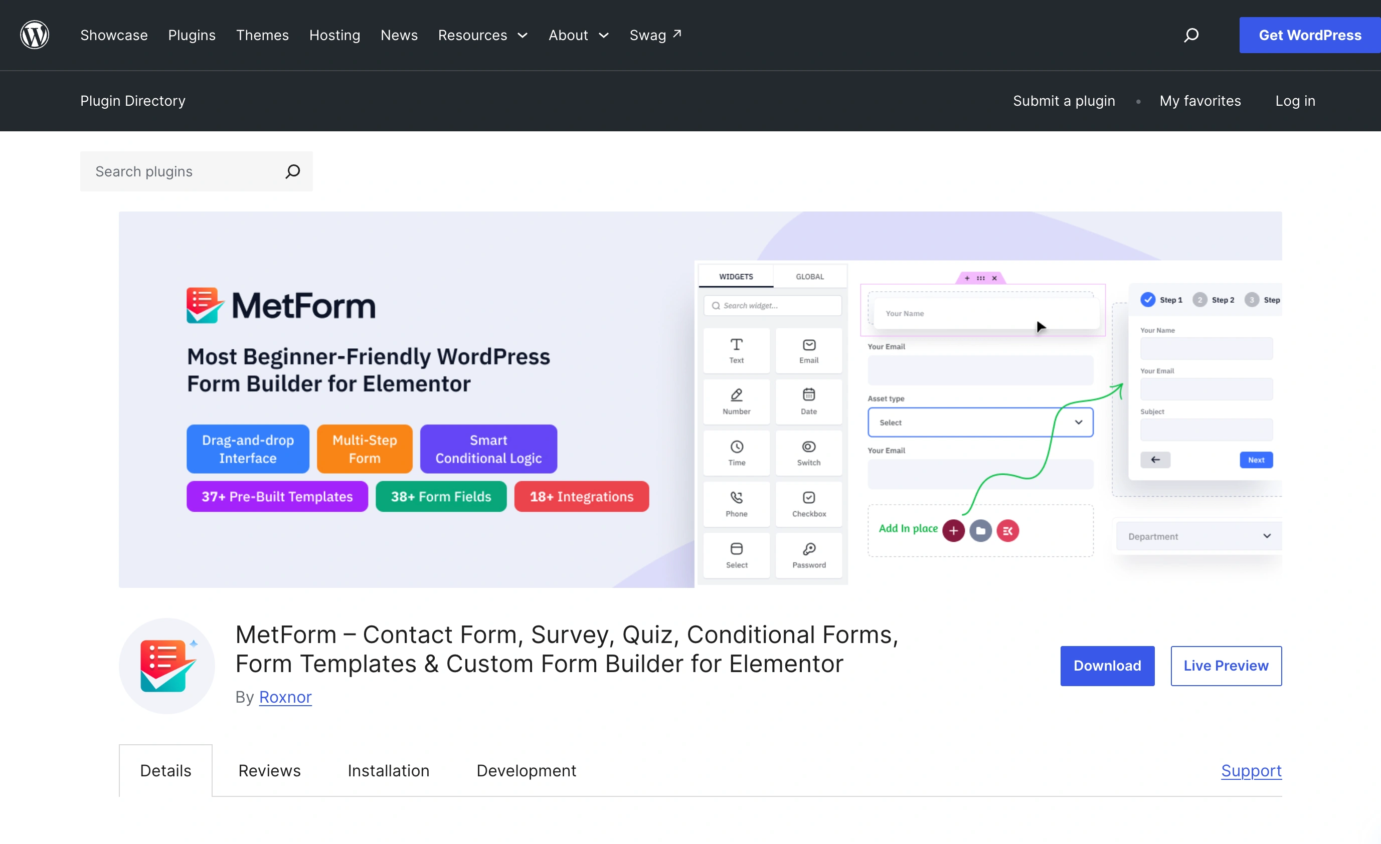 MetForm official WordPress plugin listing, captured in September 2026