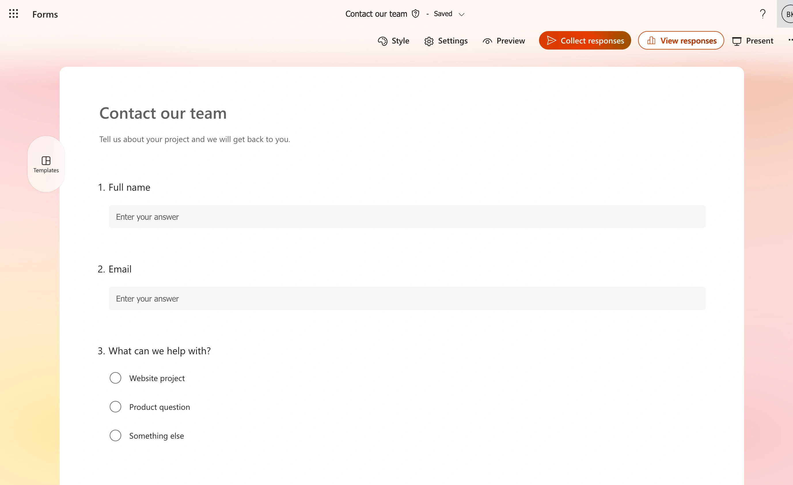 Microsoft Forms editor showing our sample contact form