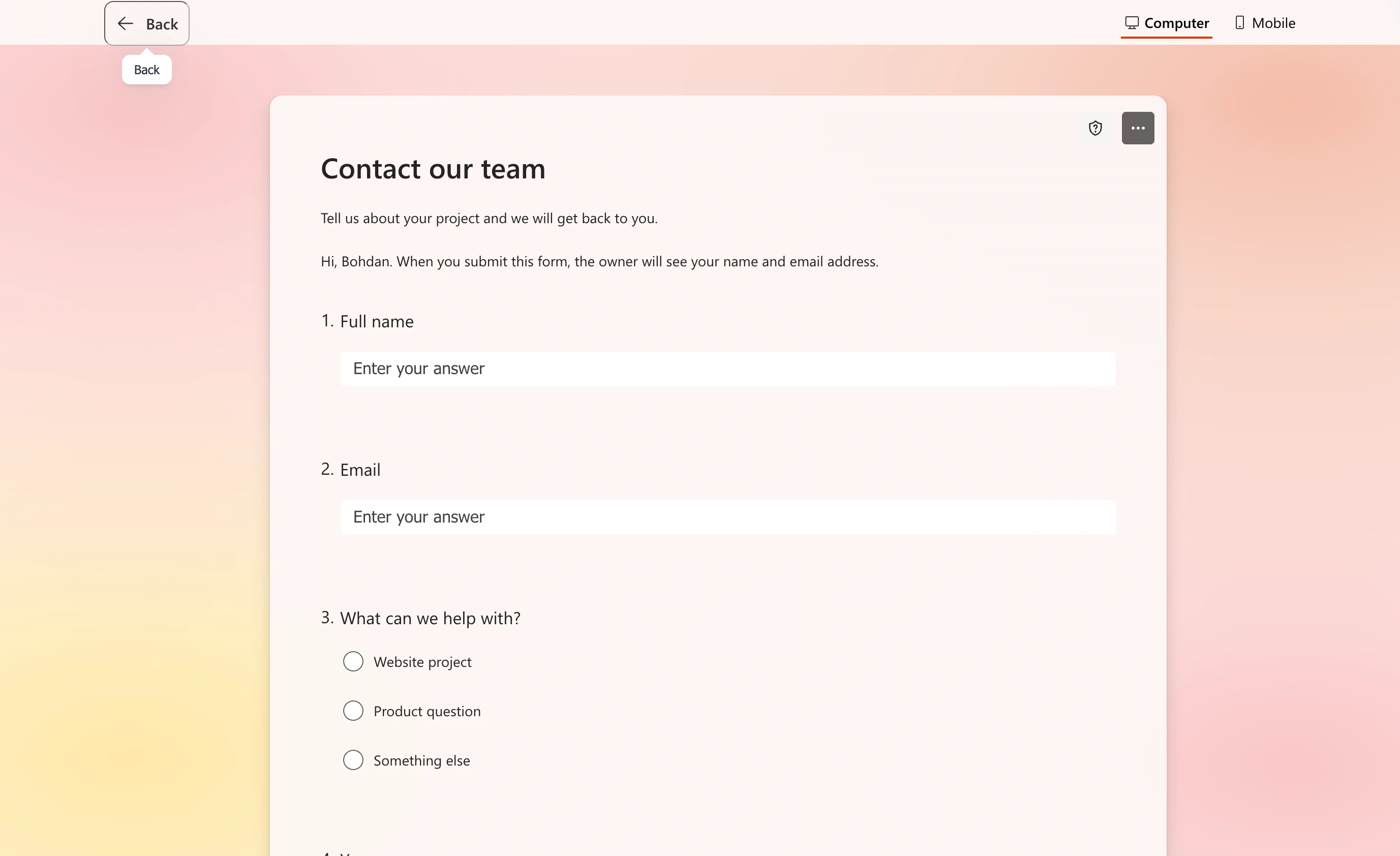 Respondent view of our sample contact form in Microsoft Forms