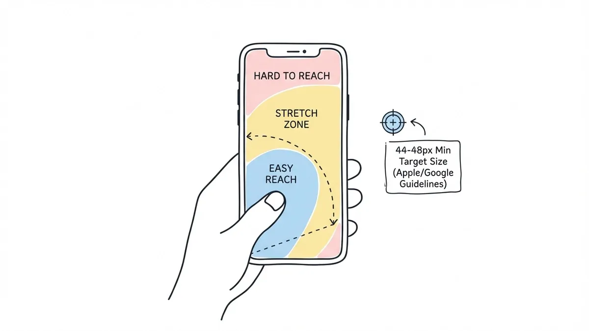 Smartphone screen diagram showing thumb zone comfort areas for one-handed use