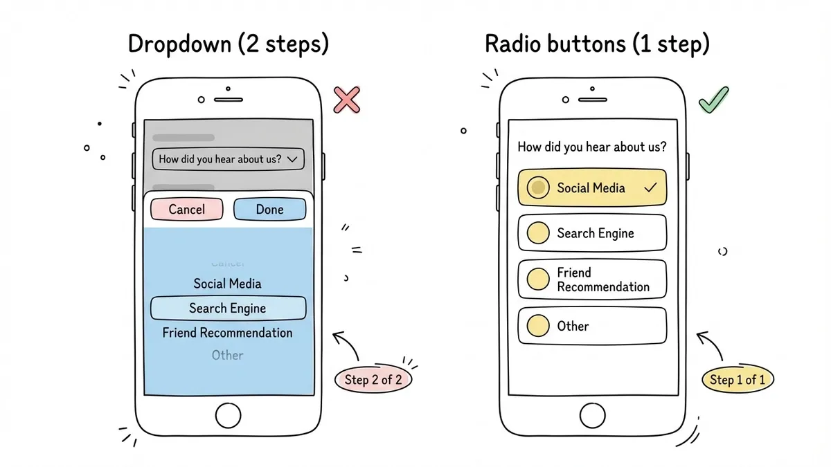 Side-by-side comparison of a dropdown selector versus radio buttons on a mobile screen, showing the extra steps required by the dropdown