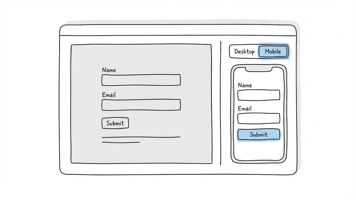 Form builder editor interface displaying mobile preview mode next to desktop layout