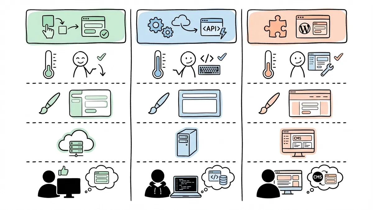Comparison chart of visual builders, form APIs, and CMS plugins side by side