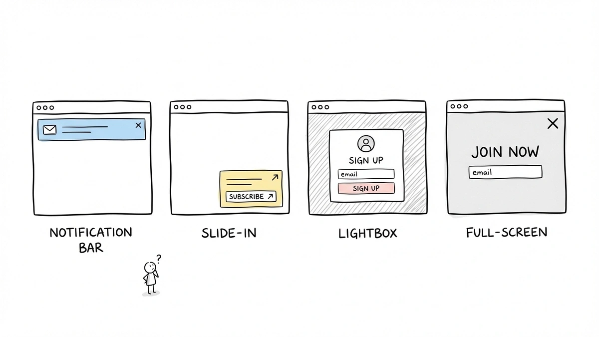 Overview of popup form types showing lightbox, slide-in, full-screen, and notification bar layouts