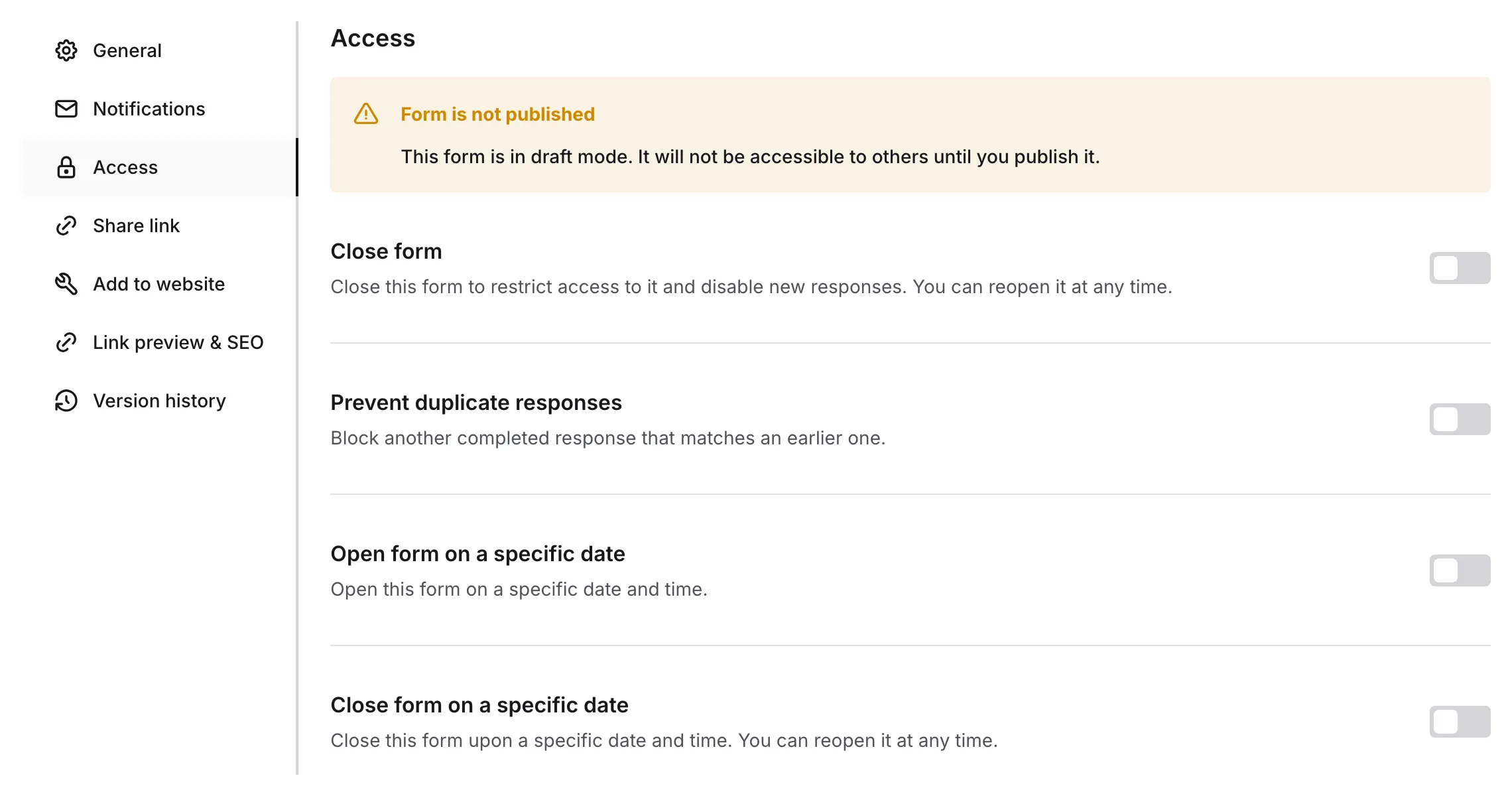 The Access settings panel with all options